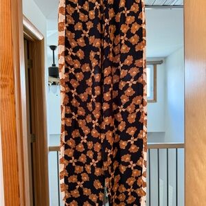 Wide-Leg Floral Print Jumpsuit Pants - Black & Rust